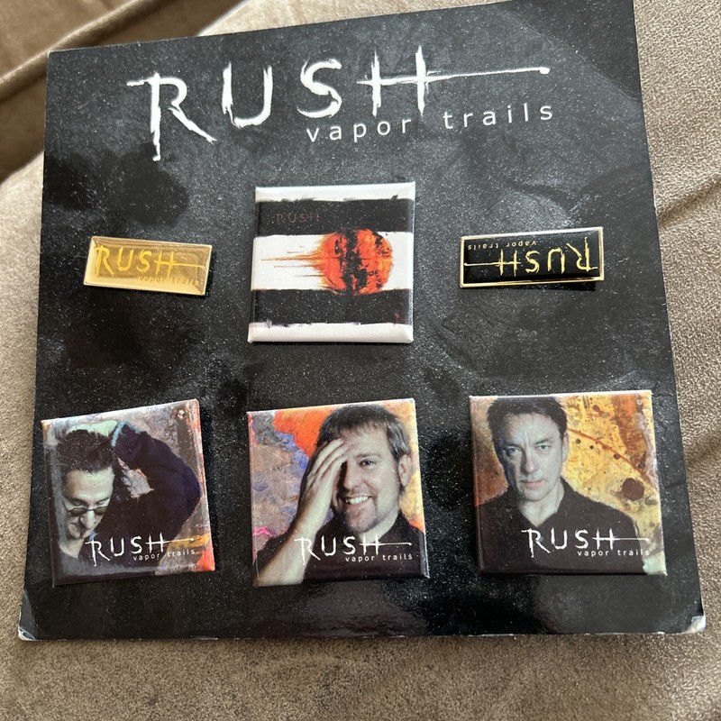 Vintage Rush Vapor Trails Tour 6 Pin and Button Set On Card Neil Geddy Alex
