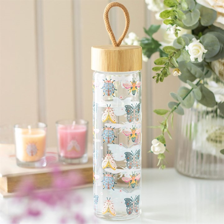 Floral Bug Print Glass Reusable Water Bottle. Gift For Her.