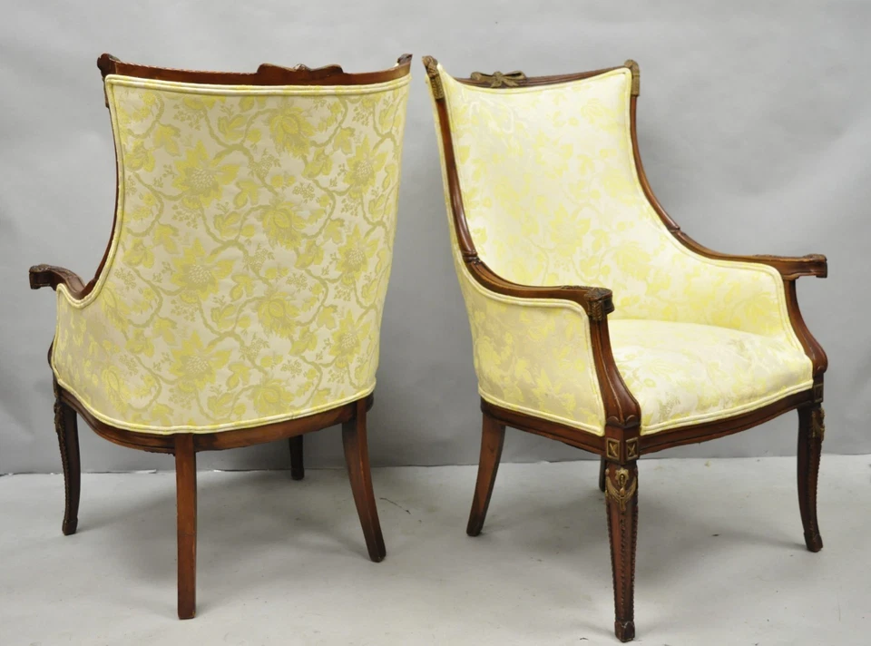 Vintage French Hollywood Regency Carved Mahogany Parlor Lounge Chairs - a Pair - Image 2 of 4