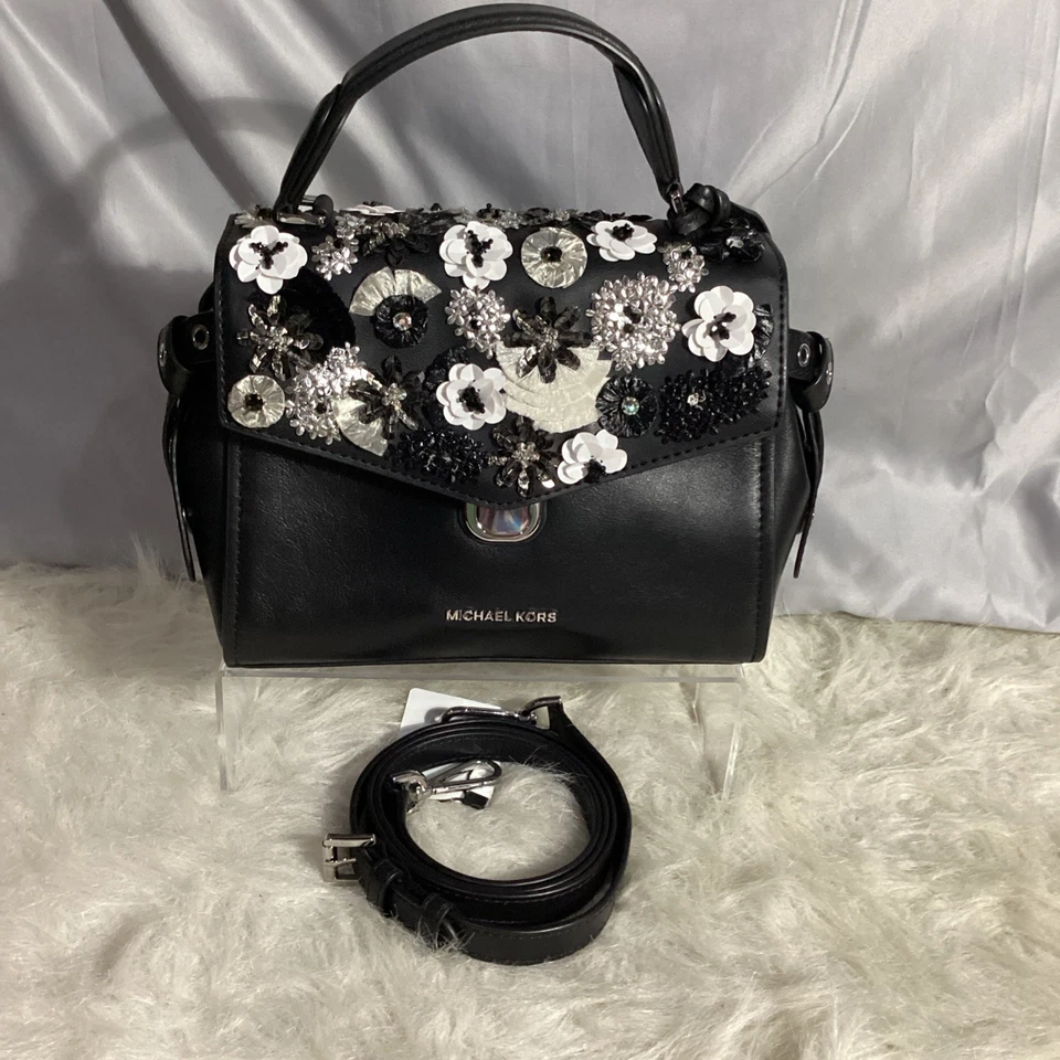 Michael Kors Black Leather Bristol Floral Embellish Satchel Crossbody Beaded - Image 3 of 4