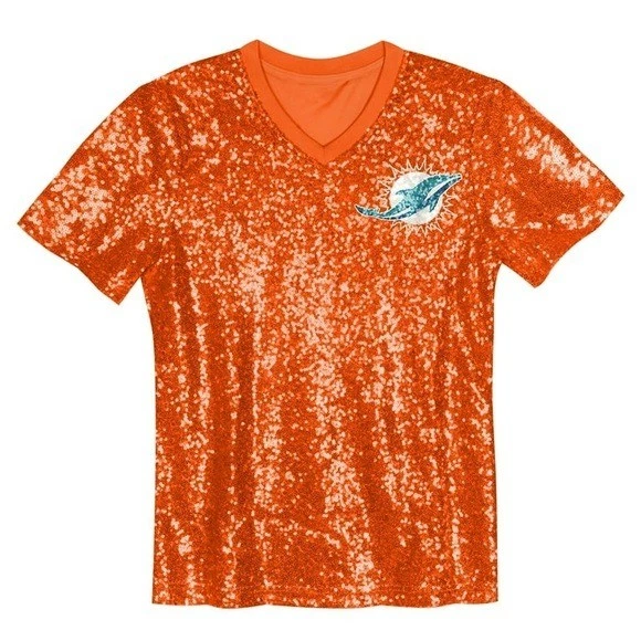 Camisa Top Para Mujer Miami Dolphins NFL Naranja Marca Lentejuelas Cuello en V Nueva con Etiquetas Talla S Foto 2 de 4