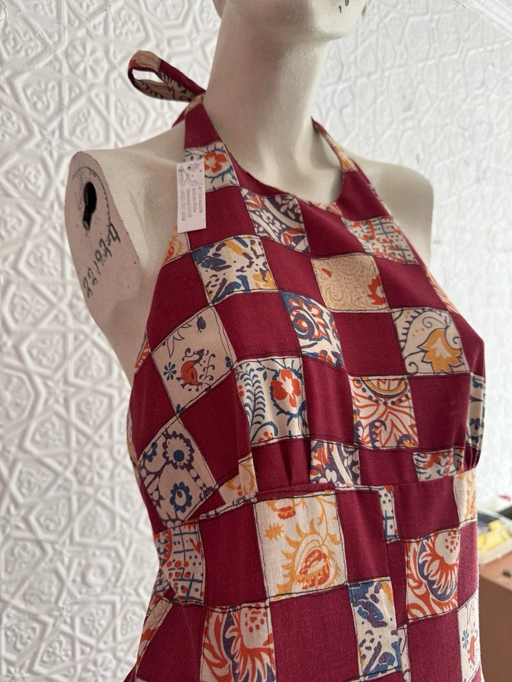 Vestido Halter Vintage Años 60 Algodón Estampado Patchwork Boho Hippie Summer Love 1969 Foto 3 de 4