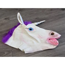 Halloween Costume Latex White Unicorn Animal Mask Purple Hair Adult Size Cosplay