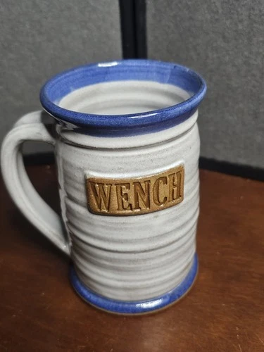 Vintage Studio Art Pottery Tankard Blue White Glazed With Wench Medallion Signed