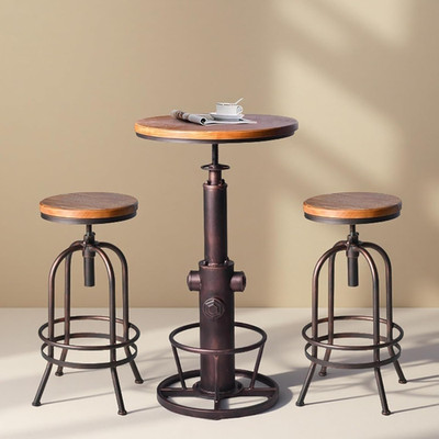 Rustic Vintage 3-Piece Pub Table Set with Adjustable Stools and Swivel Chairs
