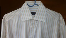 CANALI BLUE GOLD  WHITE STRIPED FRENCH CUFF DRESS SHIRT, SIZE 15, MI ITALY