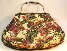 VTG 10"L Beaded 1950s Floral Butterfly Tapestry Purse Metal Chain