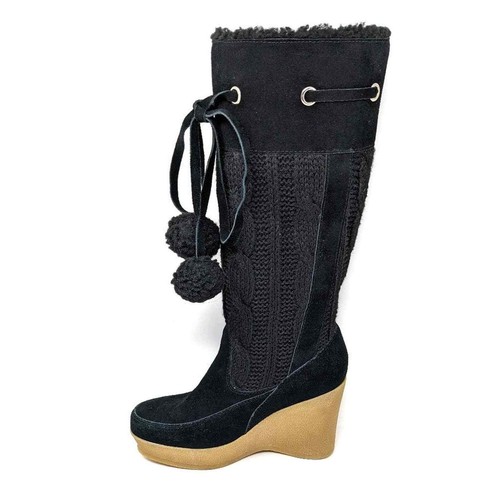 Black Crochet Knit Wedge Riding 