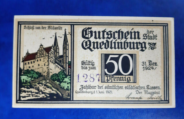 QUEDLINBURG NOTGELD 50 PFENNIG 1921 KN violett gestempelt Notgeldschein (14966)