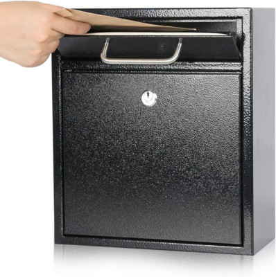 Large Outdoor Locking Mailbox - Steel Key Drop Box, Black, Wall Mount