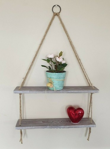 Hanging Wall Rope Shelves Rustic Vintage White Grey Wooden Wood Floating Shelf - Picture 9 of 11