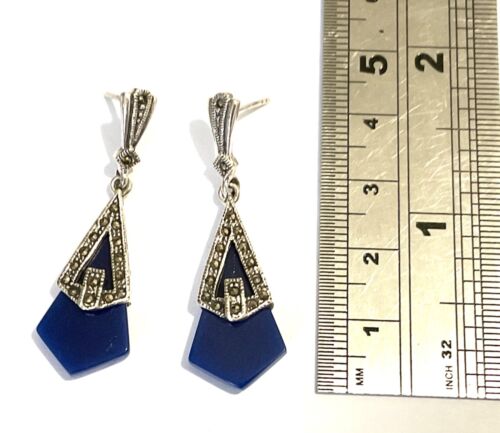 Art Deco style Sterling Silver Blue Lapis Marcasite Kite Drop Dangle Earrings - Picture 1 of 1