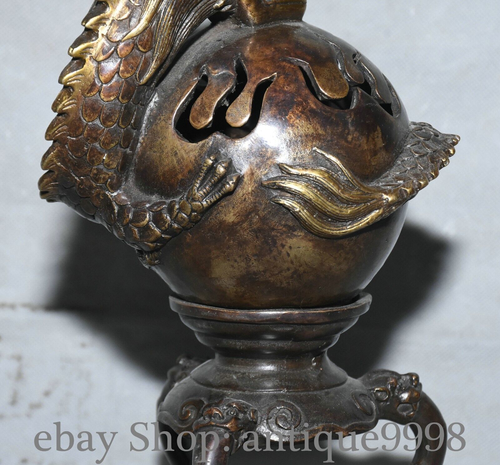 9.4'' Old Dynasty Bronze Fengshui Dragon Loong Animal Incense Burner Censer