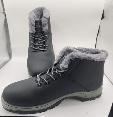 NEW CARENURSE Mens Black Snow Boots w/ Grey Faux Fur Size  display picture 1