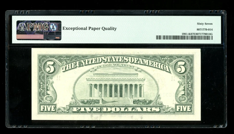 DBR 1988-A $5 FRN Dallas Superb Gem Fr. 1981-K PMG 67 EPQ Serial K03208014B - Image 2 of 2