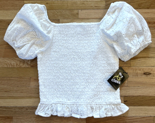 NEW Art Class Smock Top Girls L 10/12 Short Puff Eyelet Sleeve Ruffled Hem White