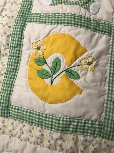 Vintage Handmade ABC Square Baby Quilt Blanket Green Gingham Cat Apple Bear - Picture 2 of 10