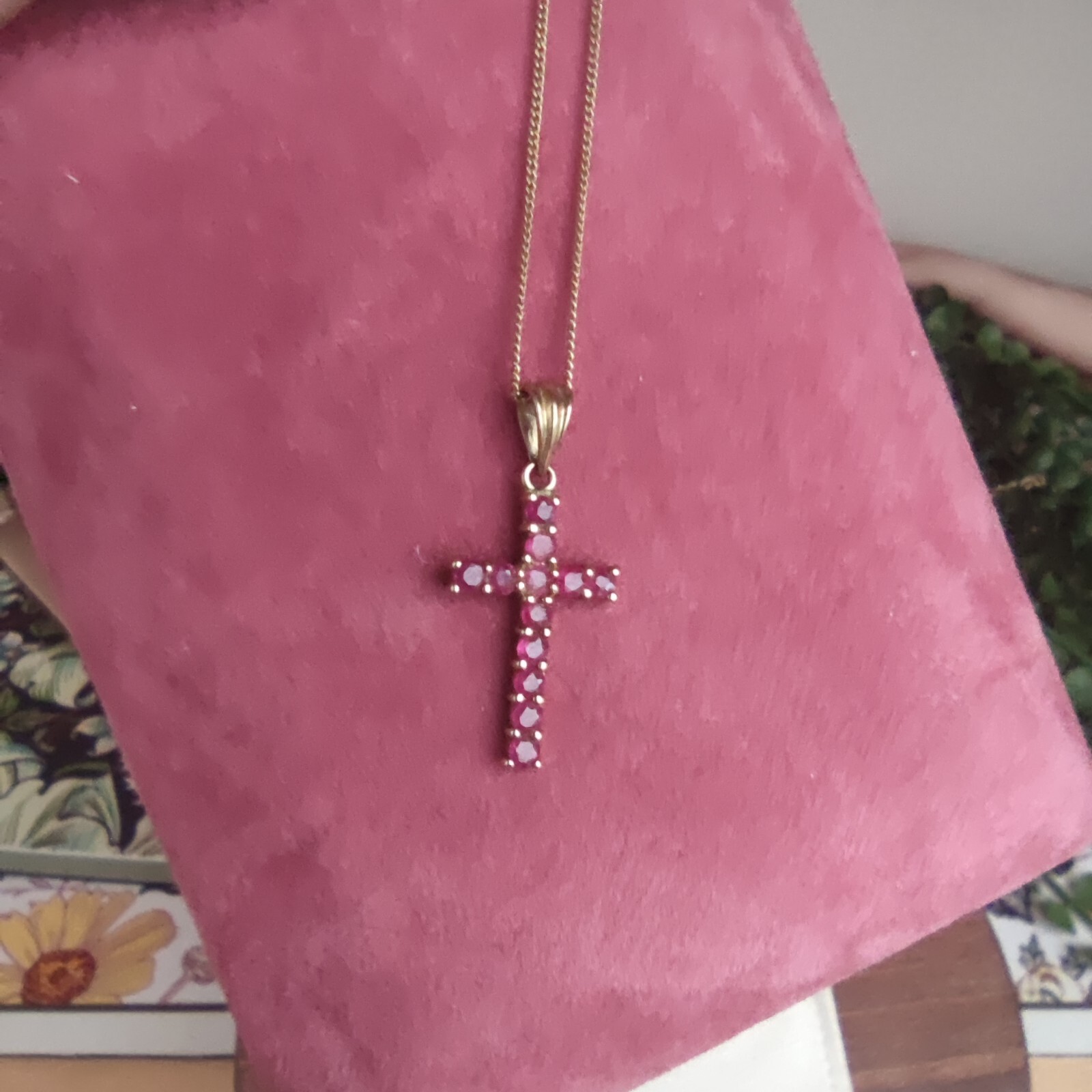 Vintage 9ct Solid Gold Ruby Cross Necklace Religi… - image 9