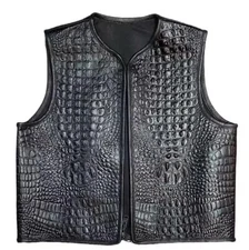Men's Concealed Biker Vest in Black Crocodile-Embossed Leather