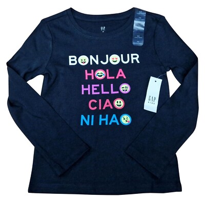 GAP Kinder Mädchen Hello In Different Languages Logo Langarm T-Shirt UVP 10,99 
