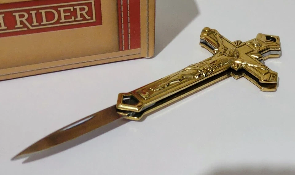 R.R. NAVAJA DE BOLSILLO DE CAZA CRUZ SANTA CRUCIFIJO DE LATÓN!!! Foto 2 de 4