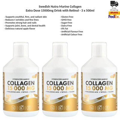 Swedish Nutra Liquid 15000mg Marine Kollagen Anti-Aging Drink, Haar, Gelenke x3