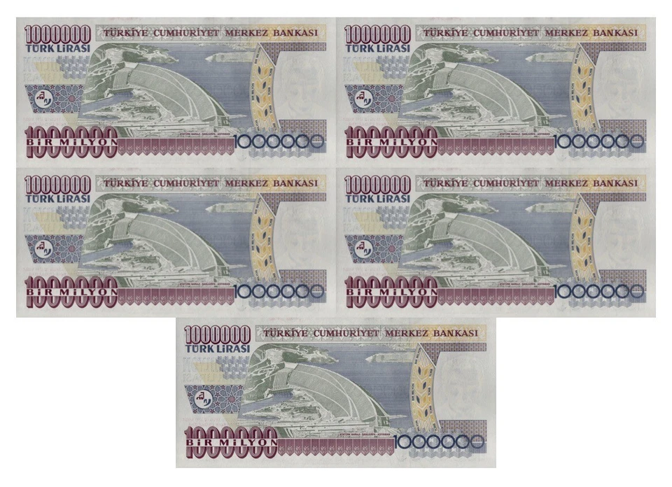 TURKEY 1,000,000 Lira qty 5 (5 MILLION TL Total) 1970-2002 UNC BANKNOTE USA - Image 2 of 4
