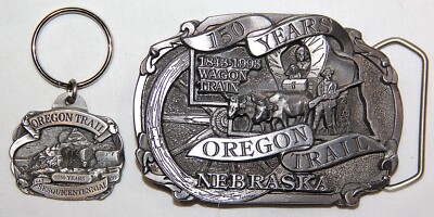 VINTAGE 1993 NEBRASKA OREGON TRAIL 150 YEARS BELT BUCKLE AND  display picture 1