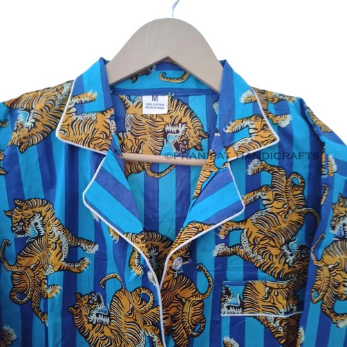 Conjunto De Pijama De Verano Para Mujeres Con Dragón Y Tigre De Algodón Turquesa - Imagen 3 de 8