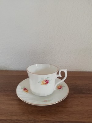Royal Delfesta Vintage Mokka-Tasse + Unterteller, Rosenblüte mit Goldrand