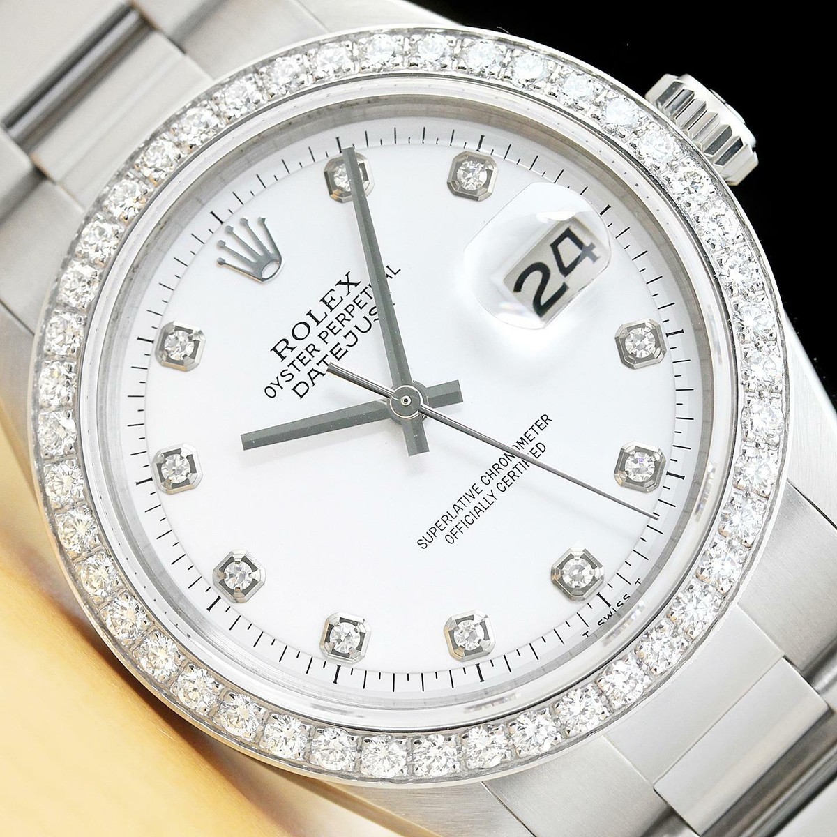 MENS ROLEX DATEJUST WHITE DIAL 18K WHITE GOLD CT DIAMOND