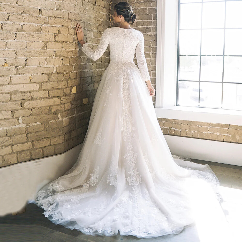 Pretty Dresses High Neck Lace Lace Modest Wedding Dress Muslim A-Line Wedding  Dresses O-Neck