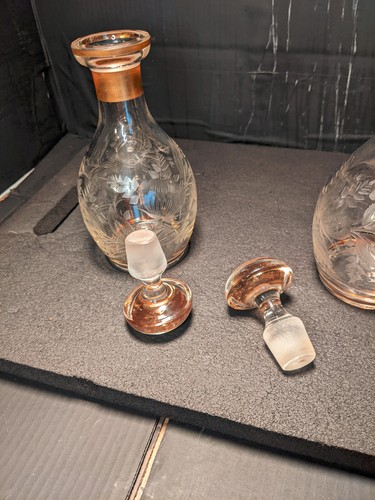 Antique Rose Pink Tint Gold Painted &Numbered Etched Cut Glass Decantors Pair - Picture 13 of 24