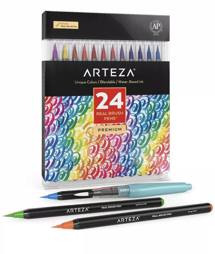 Arteza Real Brush Pens, 24 Colors for Watercolor Painting wi