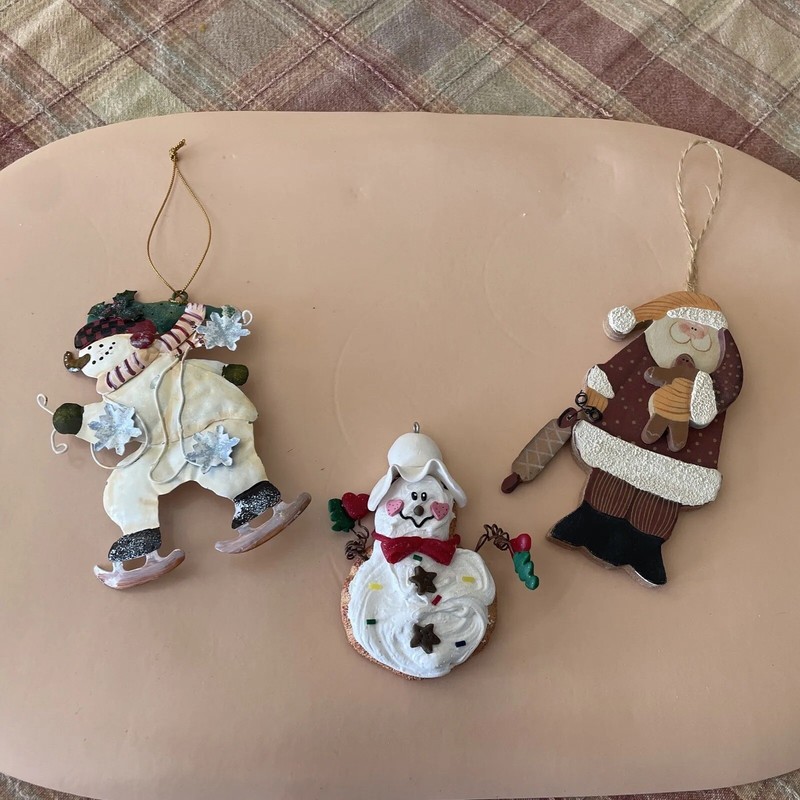 VINTAGE Christmas Ornaments - Baking Gingerbread Santa/Skating Snowman/ Snowman