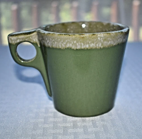 VINTAGE HULL Pottery Olive Green Drip CUP MUG Oven Proof USA