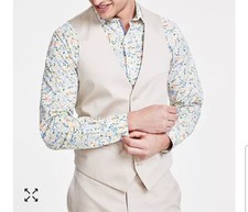 Bar III Men Slim Fit Button-Up Dress Vest Suit Large Tan Back Floral Print EE 