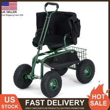 Rolling Garden Cart with Swivel Seat Backrest Toolbox Wheel Extendable Handle