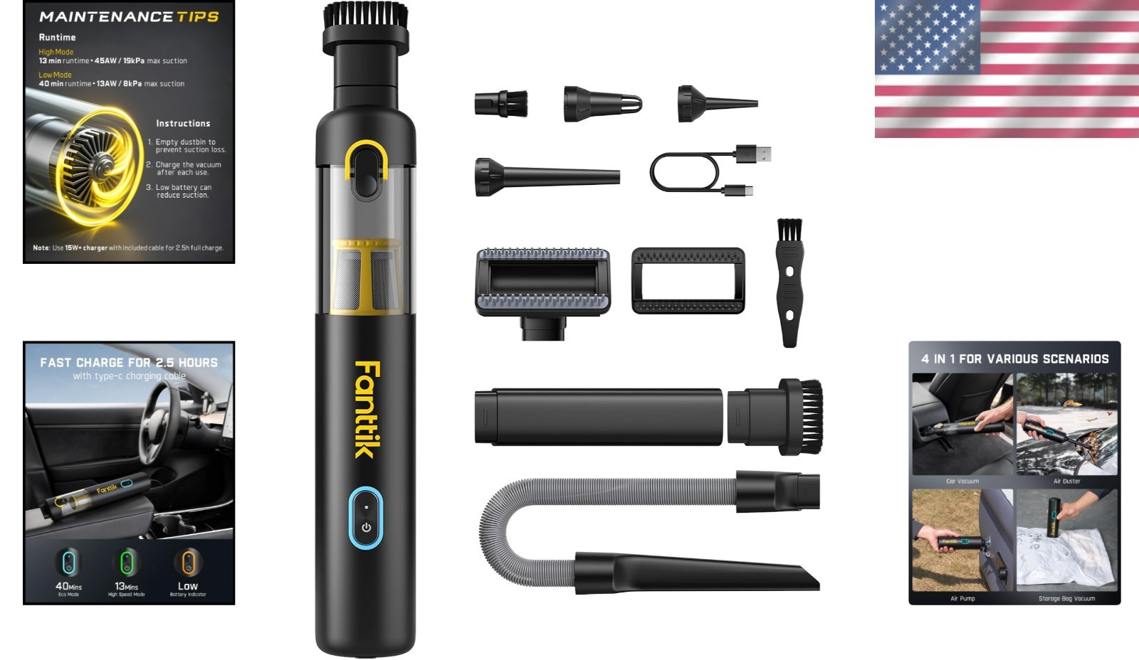 Slim V8 APEX Cordless Car Vacuum - 4-in-1 Portable Mini Cleaner with 19000Pa ...