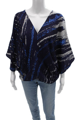 Ra Mona La Rue Womens Kimono Blouse Dark Blue Silk Blend V-Neck Size XS