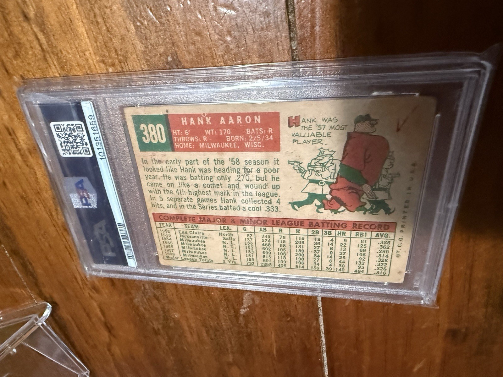 1959 Topps - #380 Milwaukee Brave HOF Hank Aaron PSA 2   view 2