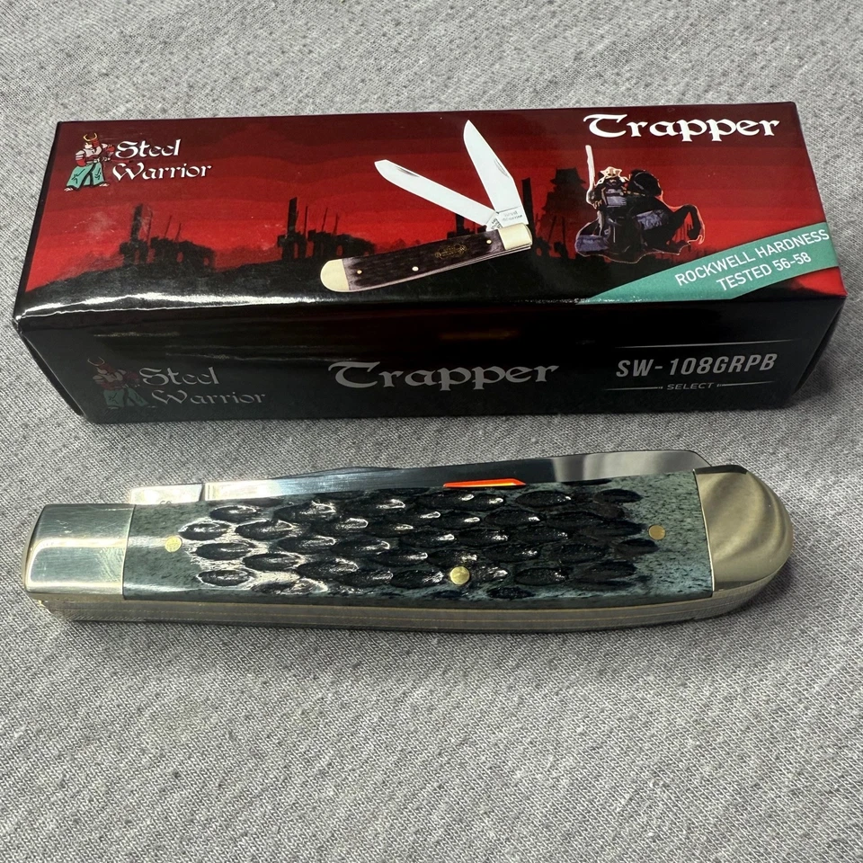 Navaja de bolsillo Steel Warrior Trapper 2-Bld hueso jigged negra/verde nueva en caja SW-108GRPB Foto 2 de 4