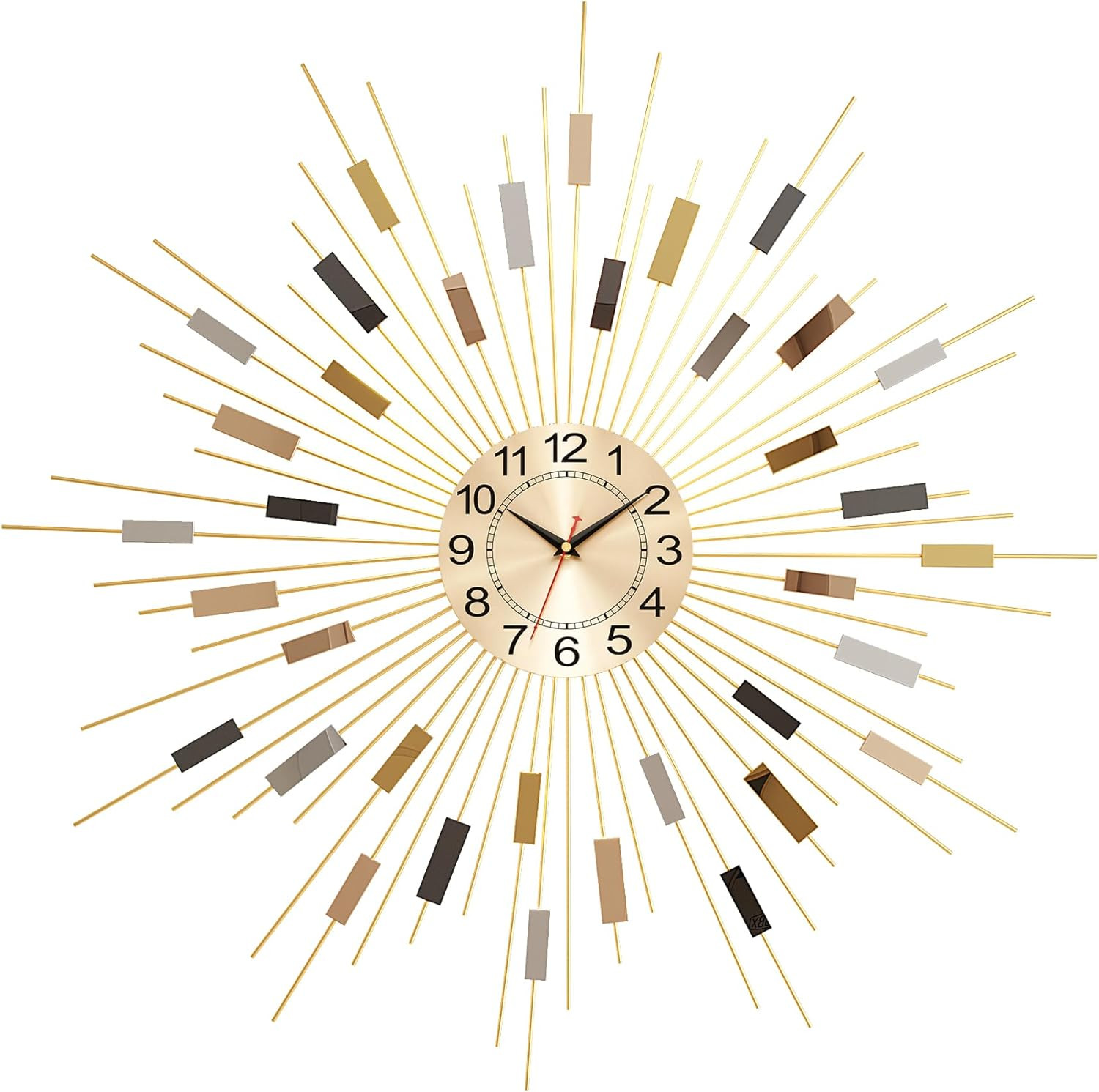 Gold Sunburst Wall Clock 23 Inch Silent Mid Century Modern Metal Home Decor