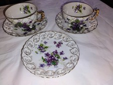 Vintage Tea Set Violet Pattern 2 Cups 3 Plates 3 Footed Beautiful. No Chips