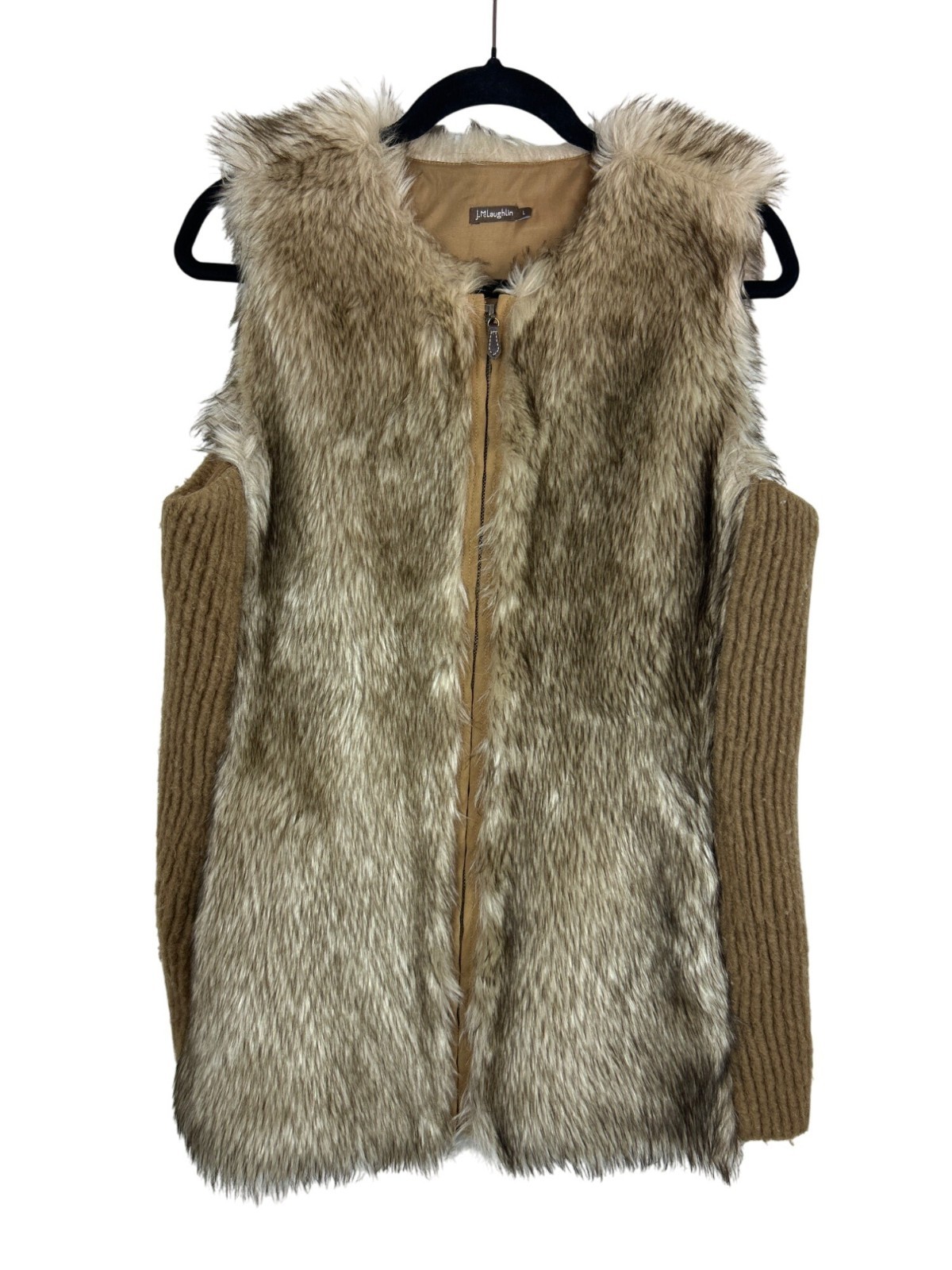 J McLaughlin Womens Brown Faux Fur Vest Size L Sleeveless with Zip Pockets