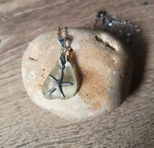 SEA GLASS NECKLACE PENDANT SEAFOAM COLOUR STARFISH HANDMADE 18 IN STEEL CHAIN