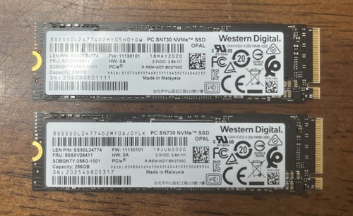 Pair Of SSD Drives, Western Digital, 256GB, NVMe, 3.3v