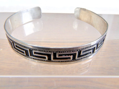 VINTAGE GREEK KEY STERLING SILVER 900 CUFF FLEXIBLE BRACELET SIGNED