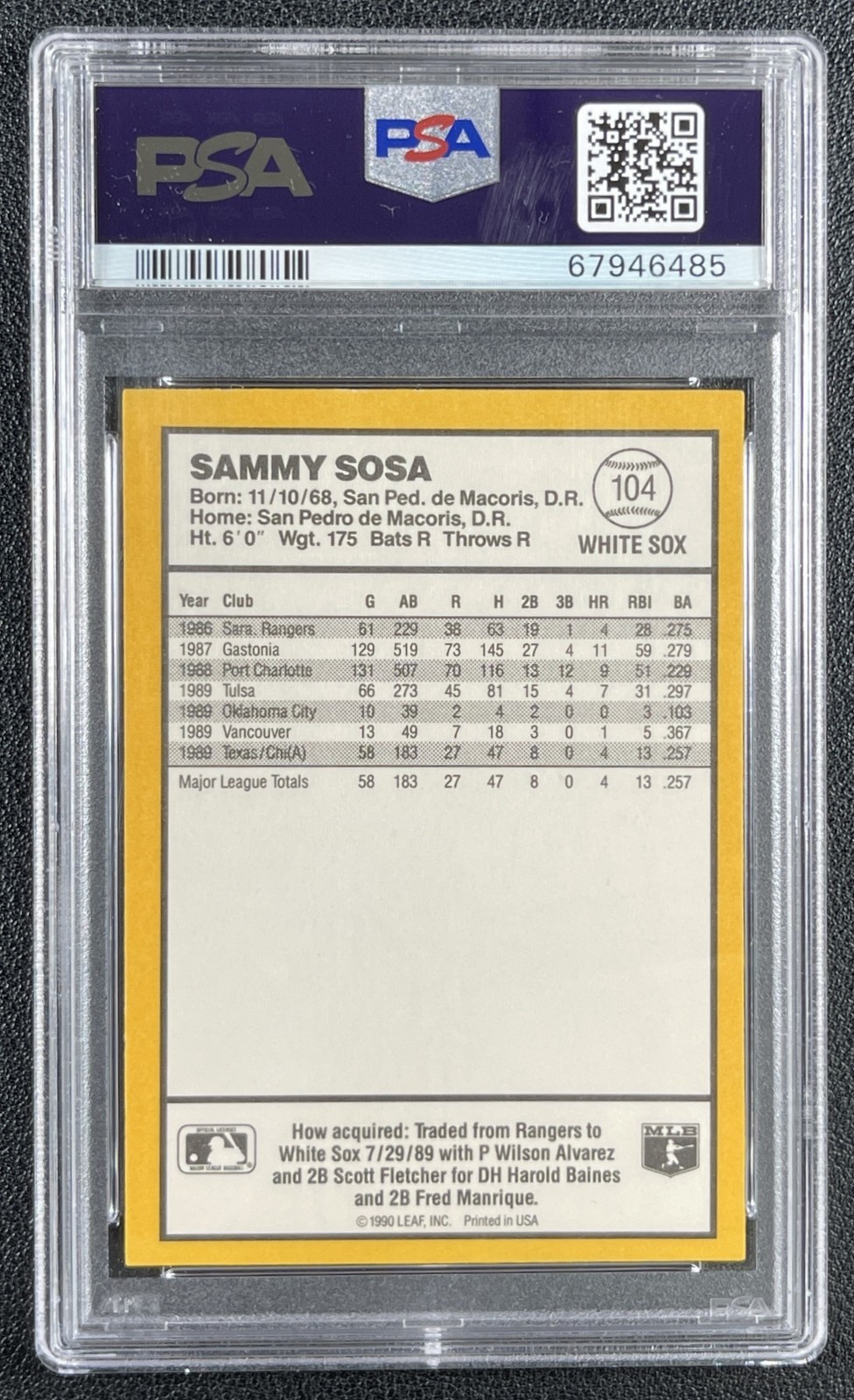 SAMMY SOSA PSA 10 1990 DONRUSS BEST OF THE AL #104 ROOKIE RC WHITE SOX 6485 view 2