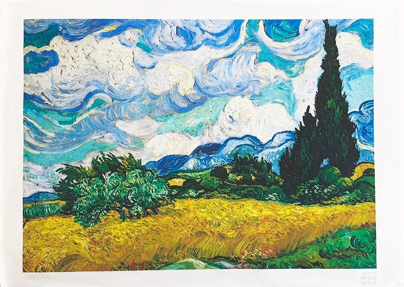 Van Gogh Cotton Tea Towel Wheatfields with Cypresses large, machine washable,